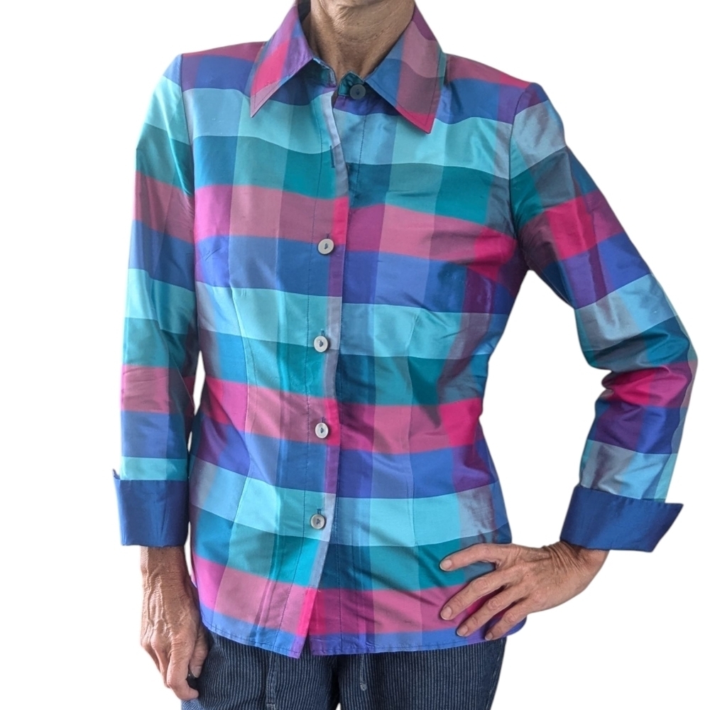 Nina McLemore Silk Plaid Button Down Shirt Blue Pink Teal Size 0